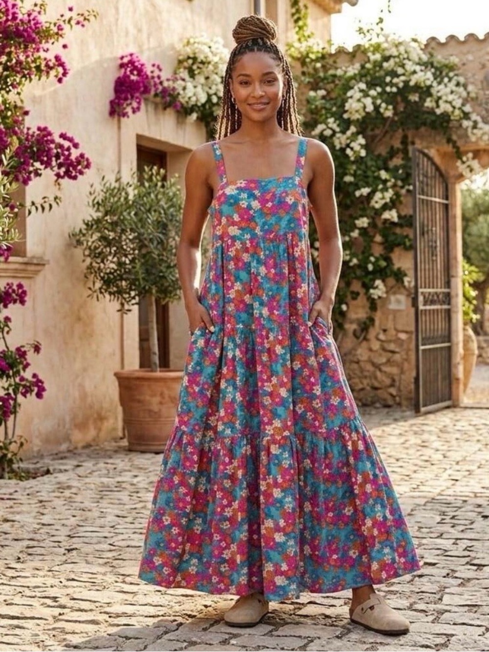 Natural Life Women’s Patricia Tiered Blue Pink Floral Maxi Dress Size Large